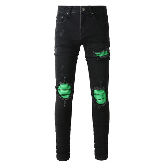 Neon Green Leather Patch Jeans