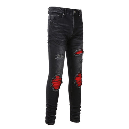 Red Pleated Patch Jeans